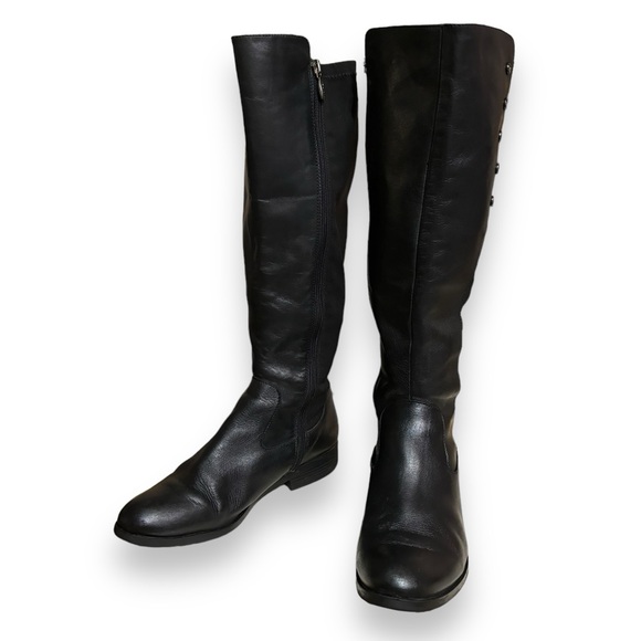 TAHARI Black Leather & Stretch Panel Brady Knee Boots Side Button Detail - Picture 1 of 11